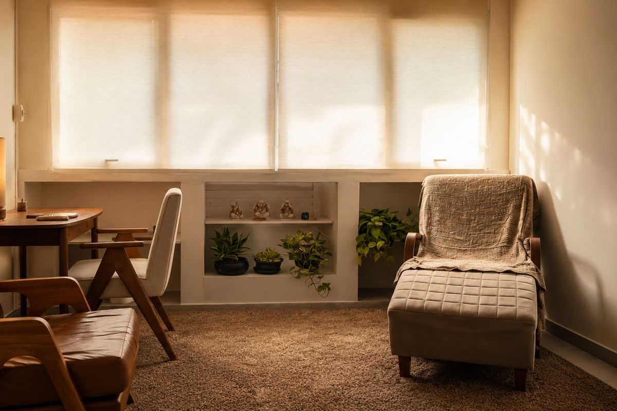 Sala de atendimento com poltronas frente a frente e luz natural